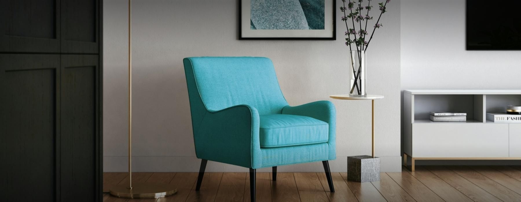 a blue chair in a room