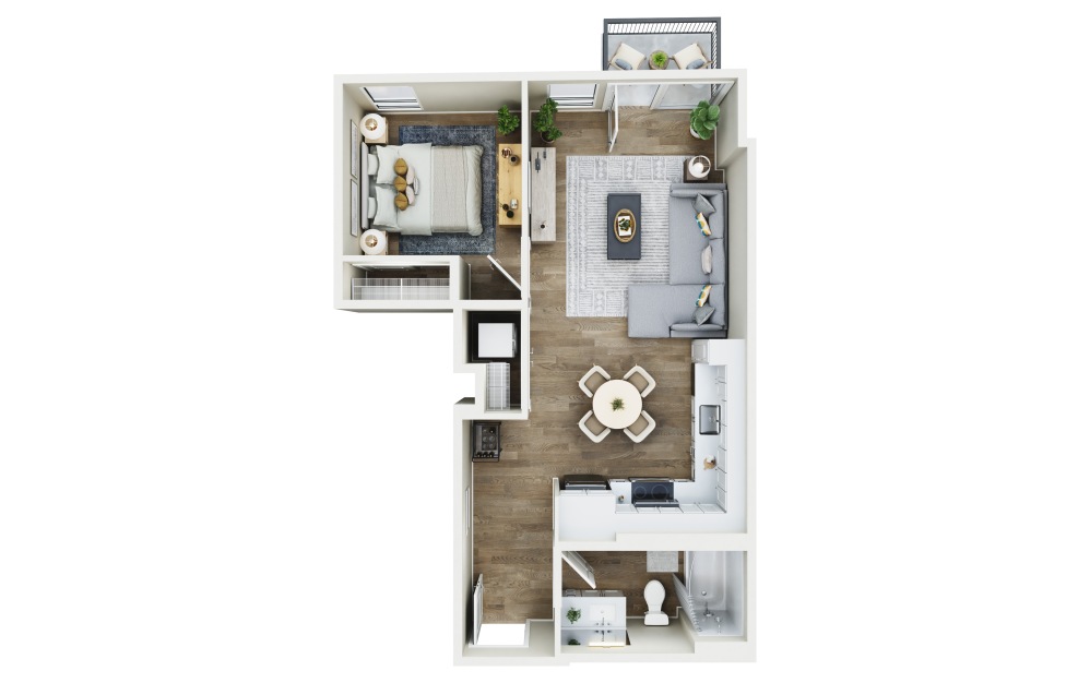 1x1 - C9 - 1 bedroom floorplan layout with 1 bath and 609 to 691 square feet.