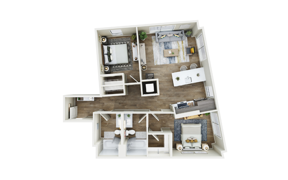 2x2 - D10 - 2 bedroom floorplan layout with 2 baths and 977 to 985 square feet.