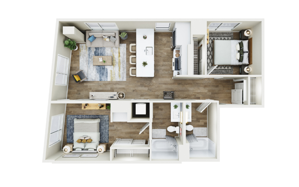 2x2 - D6 - 2 bedroom floorplan layout with 2 baths and 940 square feet.