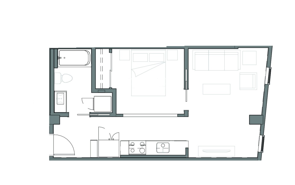 Open 1x1 - B4 - 1 bedroom floorplan layout with 1 bathroom and 555 - 580 square feet (Unit 231 
)