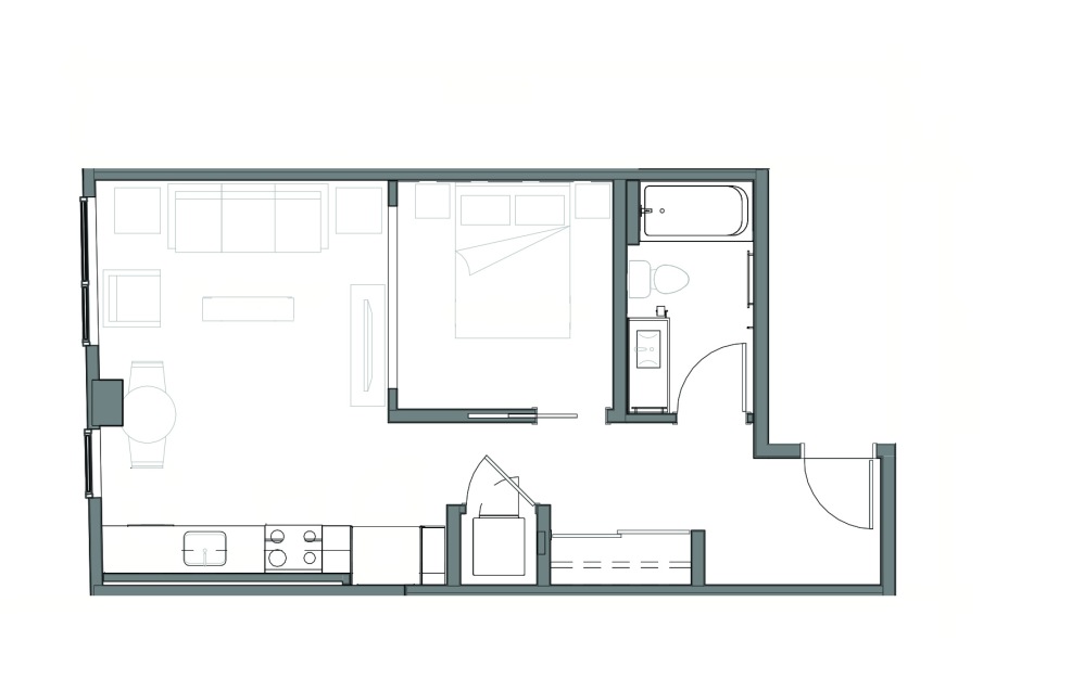 Open 1x1 - B7 - 1 bedroom floorplan layout with 1 bathroom and 596 square feet (2D)