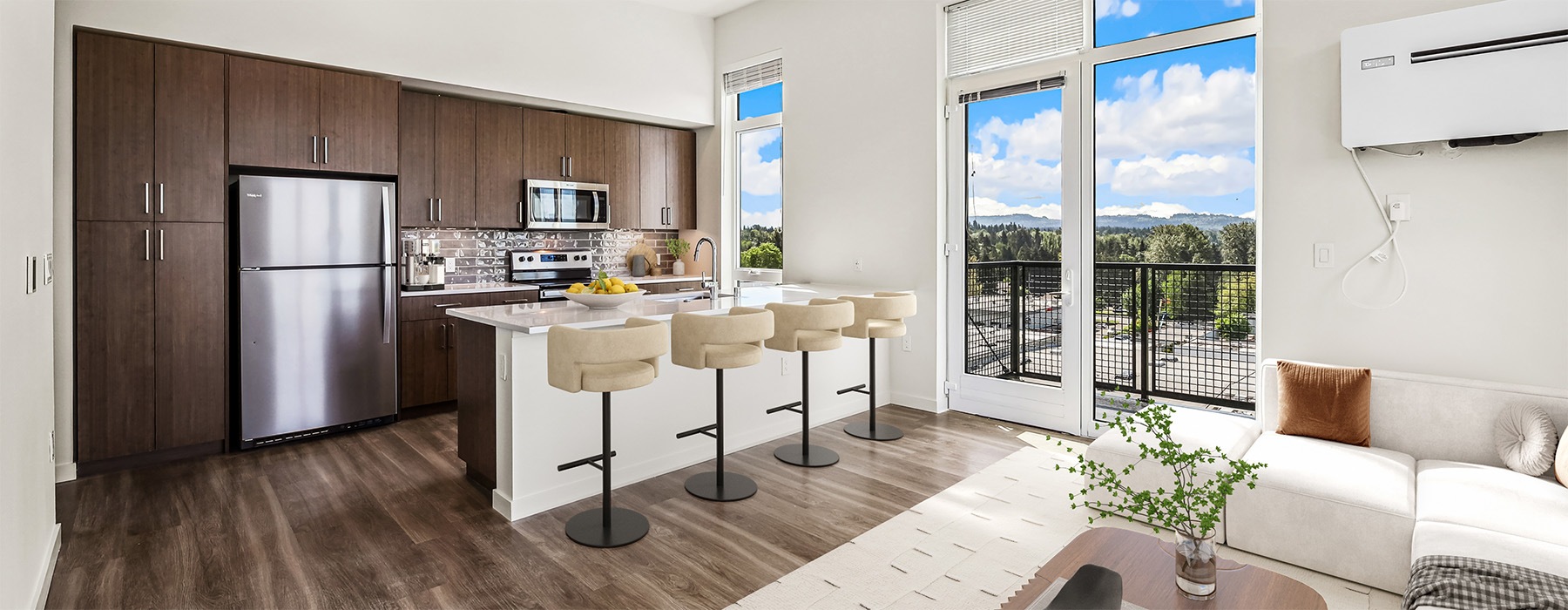 living room and kitchen with a view