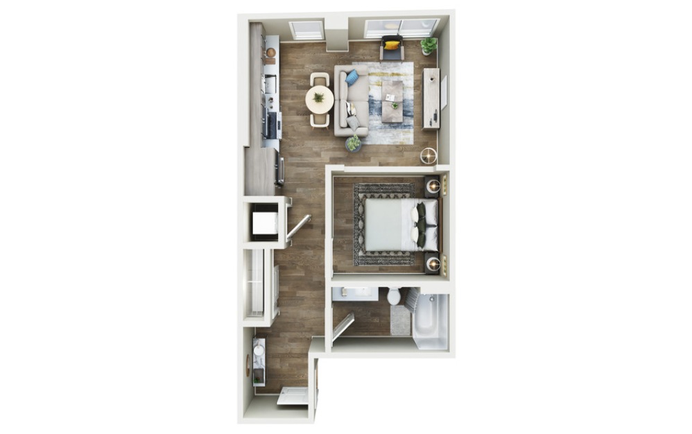 Open 1x1 - B7 - 1 bedroom floorplan layout with 1 bathroom and 596 square feet (3D)