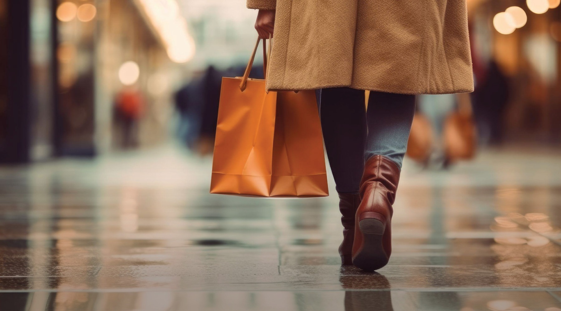 A person walking down the street with a shopping bag